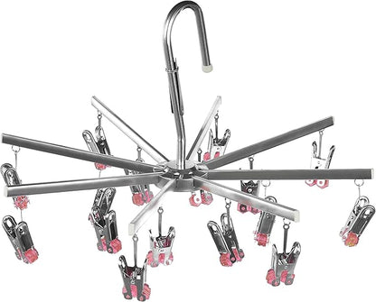 Drying Hanger, Hanging Drying Rack, Drip Hanger Stainless Steel with 16 Pegs for Laundry Underwear Socks, Quickly Remove Clothes from Hanger, Windproof, Folding Portable, (Red)