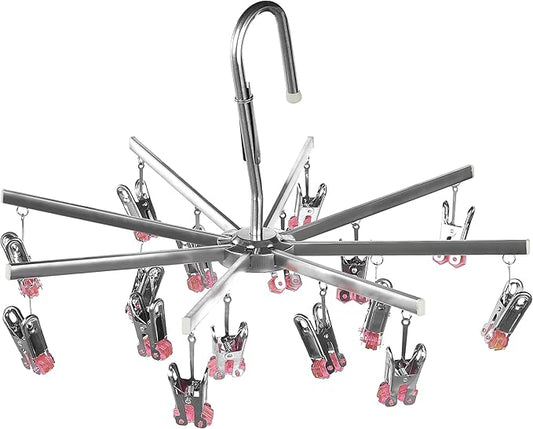 Drying Hanger, Hanging Drying Rack, Drip Hanger Stainless Steel with 16 Pegs for Laundry Underwear Socks, Quickly Remove Clothes from Hanger, Windproof, Folding Portable, (Red)