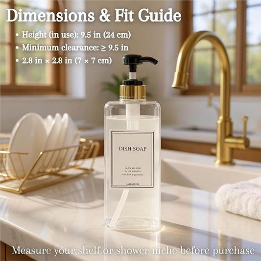 Modern Gold Design Shampoo and Conditioner Dispenser, Large 27oz Shower Soap Dispenser, Set of 3 Refillable Empty Plastic Pump Bottles for Bathroom (6 Waterproof Labels Included), (Clear & Black)