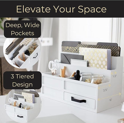 BLU MONACO | White Desktop Organizer with Drawer Storage | Tabletop Organizer with Drawers for Paper Bills Mail | Wooden Mail Organizer for Countertop Workspace | with Drawer, Bill