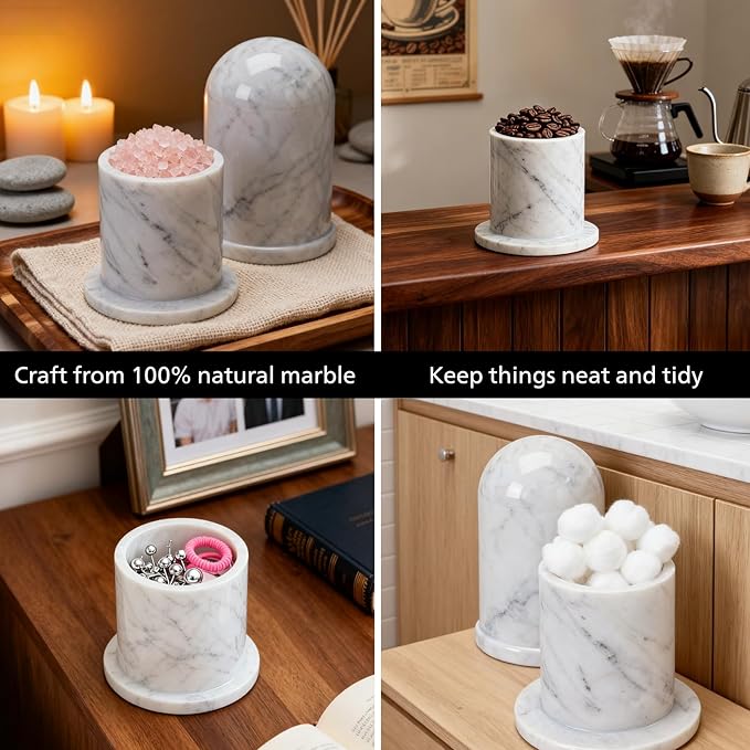 Terramason Marble Qtip Holder with Lid for Cotton Swabs, Balls, Pads, Floss Picks, Bathroom Vanity Organizer Storage Container Decor