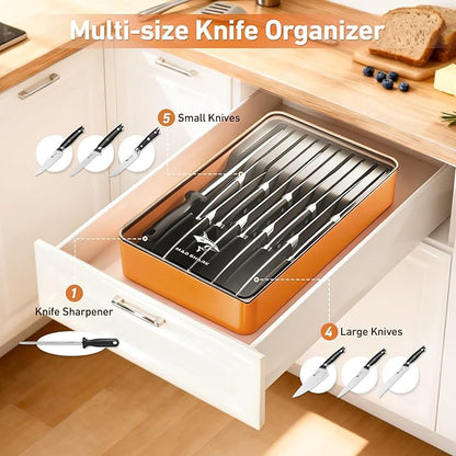 MAD SHARK 2-in-1 Detachable Knife Block & Silverware Organizer, Drawer Knife Holder for 10 Knives, BPA-Free, Blade-Safe Slots, Save Counter Space, Kitchen Drawer or Counter Storage, No Knives