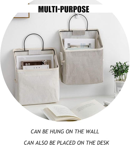 QULSE 2 Pcs Wall-Hanging Storage Bags,Desktop Organizer Basket Cotton Linen Hanging Storage Basket for Kitchen,Bderoom,Living Room (Grid)