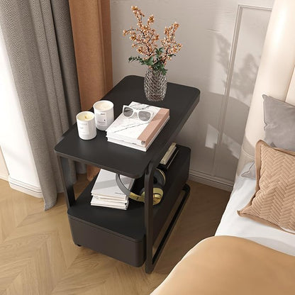 Narrow Side Table, End Table with Drawer& Storage Shelves, Modern Sofa Couch Table Curved Bedside Table for Living Room Bedroom, Narrow Nightstand with Thickening Iron Shelves for Small Space, Black