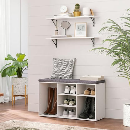 DINZI LVJ Shoe Storage Bench with Cushion, Cubby Shoe Rack with 9 Cubbies, Adjustable Shelves, Multifunctional Shoe Organizer Bench for Entryway, Mudroom, Hallway, Closet and Garage, White