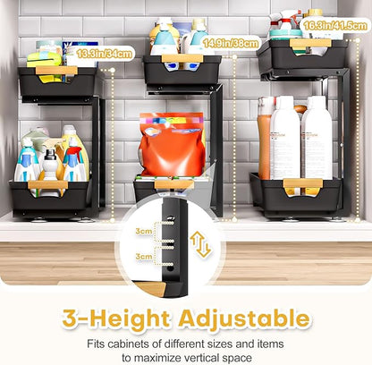 Homde 2-Tier Under Sink Organizer: 2pcs Set Adjustable Pull Out Drawer Undersink Cabinet Storage Rack for Home Kitchen Bathroom