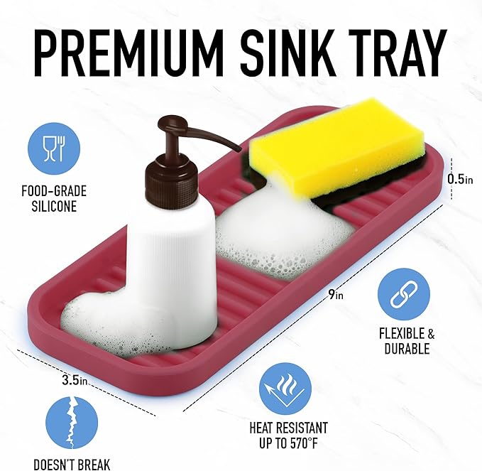 Zulay Kitchen (9x3.5) Silicone Sponge Holder for Kitchen Sink - Flexible Multipurpose Soap Tray - Sink Organizer for Kitchen, Bathroom, Makeup, Trinkets & More (Wine Red)