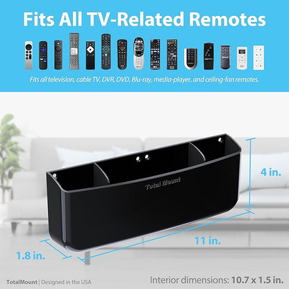 TotalMount Hole-Free Remote Holder – Eliminates the Need to Drill Holes in Your Wall (Premium Black Remote Control Holder for 5 or 6 Remotes)