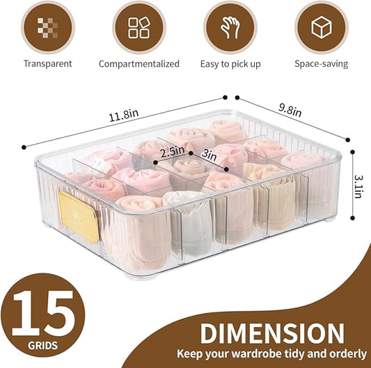 CISIREE Sock Organizer for Drawer, 15 Compartments Detachable Plastic Underwear Drawer Organizer with Lid for Closet, Compartment Storage Ideal for Socks, Bras, Ties, and Scarves (Sock)
