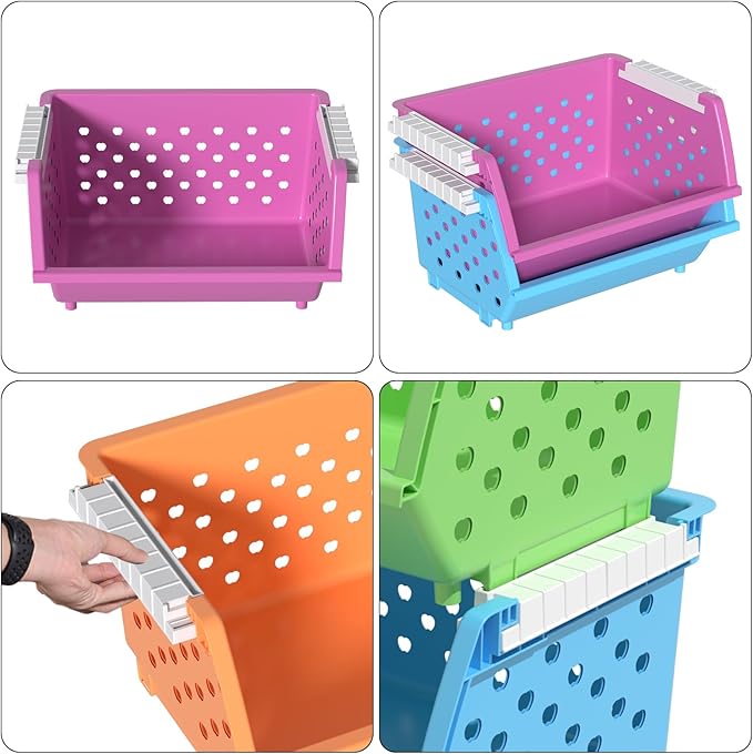4-Pack Colorful Plastic Stackable Storage Basket, Stacking Organizer Baskets