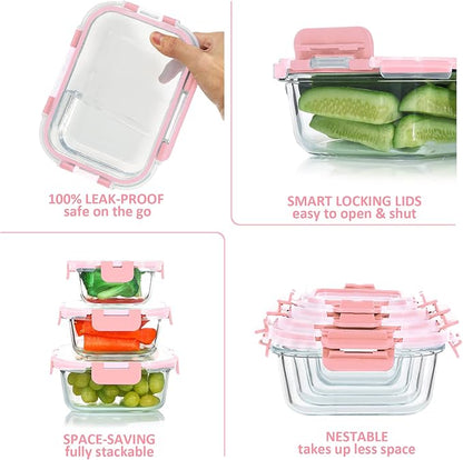 KOMUEE 24 Pieces Glass Food Storage Containers Set, Meal Prep Containers-Stackable Airtight Glass Storage Containers with lids,Freezer, Microwave, Oven Safe,Pink