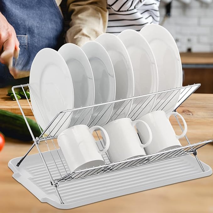 Foldable Dish Drainer, 2-Tier Stainless Steel Dish Drying Rack With Drip Tray and 5 Silicone Buckles, 13.3×10.6"Foldable Dish Drainer for Kitchen Sink, Countertop, Cutlery, Plates, and Dishes (White)