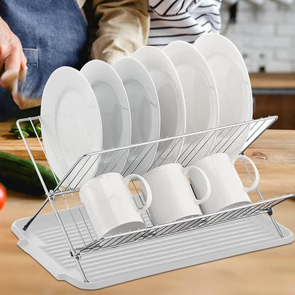 Foldable Dish Drainer, 2-Tier Stainless Steel Dish Drying Rack With Drip Tray and 5 Silicone Buckles, 13.3×10.6"Foldable Dish Drainer for Kitchen Sink, Countertop, Cutlery, Plates, and Dishes (White)