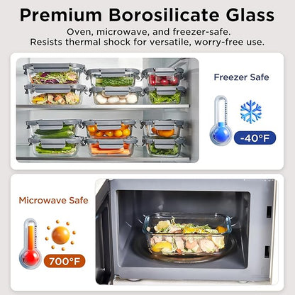 Spreccio Glass Food Storage Containers with Lids, 10 Pack of 21oz, Glass Meal Prep Container with Airtight Lids, Microwave Safe Food Container Set, BPA Free, LeakProof, Ideal for Lunch