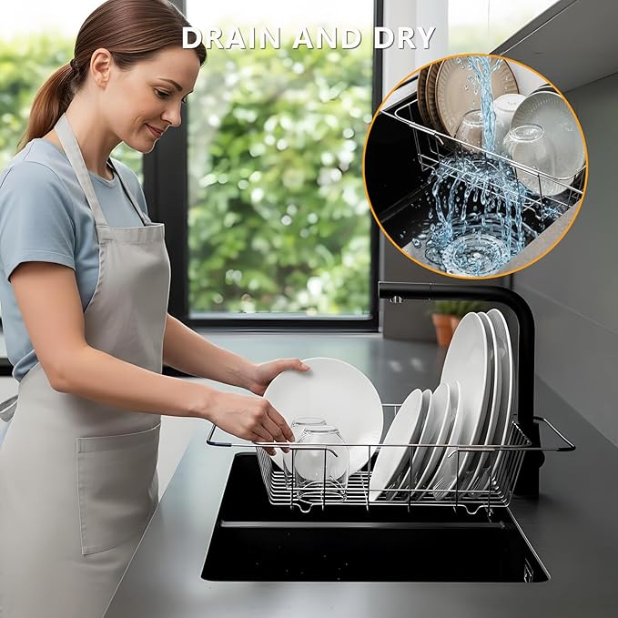 YENXIKU Over The Sink Dish Drainer Drying Rack - Expandable Stainless Steel in Sink Dish Drying Rack, High-Capacity, Rustproof, Easy Install, with Utensil Holder - Dish Racks for Kitchen Counter