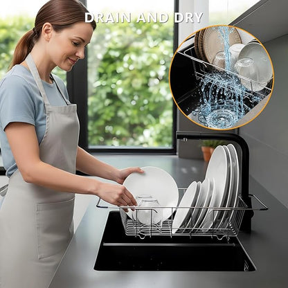 YENXIKU Over The Sink Dish Drainer Drying Rack - Expandable Stainless Steel in Sink Dish Drying Rack, High-Capacity, Rustproof, Easy Install, with Utensil Holder - Dish Racks for Kitchen Counter
