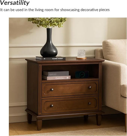 HULALA HOME Farmhouse End Table with Charging Station, End Table with USB Ports & Outlets, Fluted Pilasters Design Side Table with Open Space and 2 Drawers Dresser for Living Room, Walnut