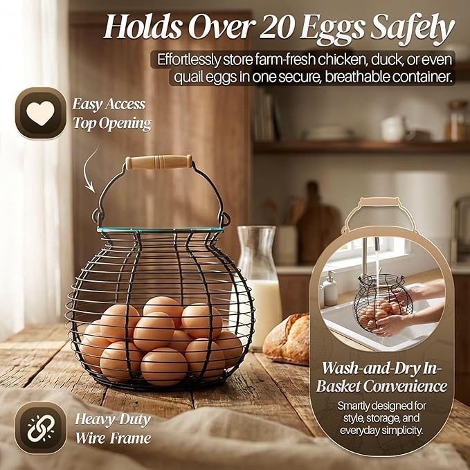 Flexzion Egg Basket for Gathering Fresh Eggs - Round Wire Countertop Egg Holder with Wooden Handles, Farmhouse Chicken Eggs Collecting Basket Storage for Countertop, Kitchen Organizer and Farm (Black)