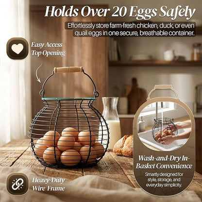 Flexzion Egg Basket for Gathering Fresh Eggs - Round Wire Countertop Egg Holder with Wooden Handles, Farmhouse Chicken Eggs Collecting Basket Storage for Countertop, Kitchen Organizer and Farm (Black)