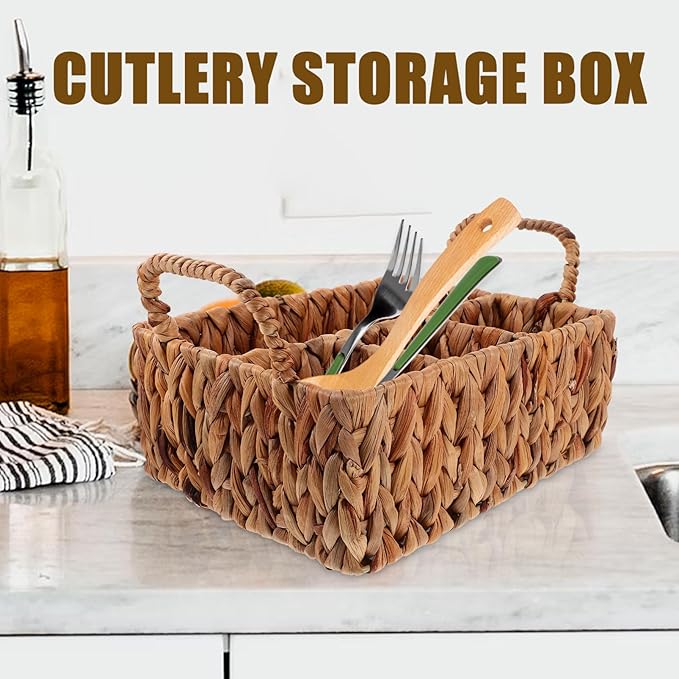Hyacinth Woven Storage Basket for Cutlery Organization Rustic Tableware Holder for Home Kitchen and Picnics Versatile Sundries Basket with Compartments