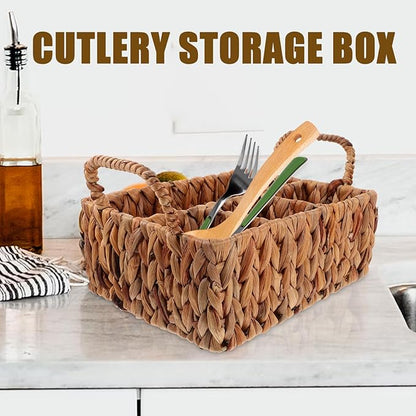 Hyacinth Woven Storage Basket for Cutlery Organization Rustic Tableware Holder for Home Kitchen and Picnics Versatile Sundries Basket with Compartments