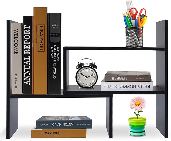 Desk Shelf, Adjustable Desktop Storage Organizer, Wood Display Shelf Rack, Office Supplies Desk Organizer, Black