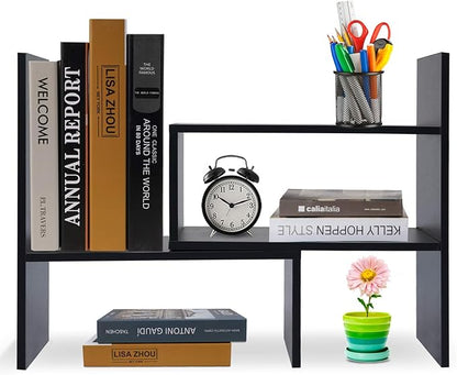 Desk Shelf, Adjustable Desktop Storage Organizer, Wood Display Shelf Rack, Office Supplies Desk Organizer, Black