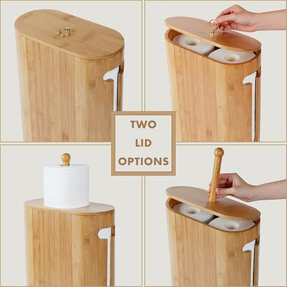Gobam Bamboo Toilet Paper Storage with Dual-Use Lid, Freestanding Bathroom Tissue Organizer with Viewing Slot, Built-In Handle, Anti-Slip Base, Compact Toilet Paper Holder Stand for up to 6 Mega Rolls