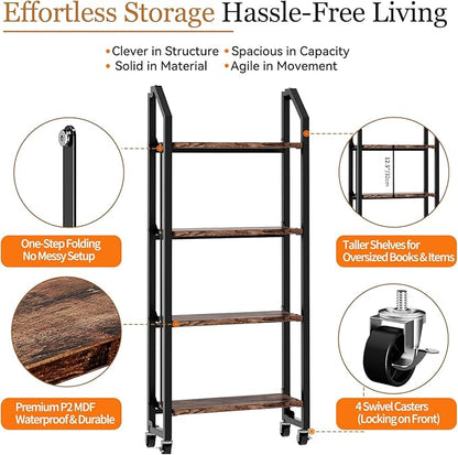 No Assembly Folding Bookshelf for Living Room, 4 Tier Collapsible Book Shelf for Home Office, Portable Bookcase Storage Organizer