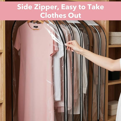 5 Pack 60" Large Clear Garment Bags for Hanging Clothes Storage, 10" Gusseted Large Capacity Garment Rack Cover, Hanging Clothing Bag for Dress Gowns, Coats, Suit, Down Jacket