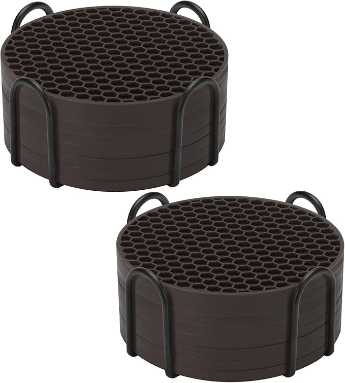 Silicone Coasters Set of 16 with Holder, Drinks Coasters, Coffee, Anti-Slip, Non-Stick, Anti-Overflow Tabletop Protection and Decor (Coffee, 16 Pcs)