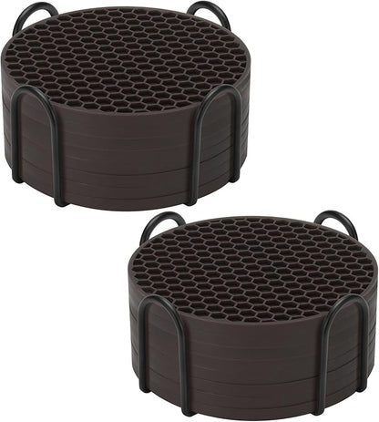 Silicone Coasters Set of 16 with Holder, Drinks Coasters, Coffee, Anti-Slip, Non-Stick, Anti-Overflow Tabletop Protection and Decor (Coffee, 16 Pcs)