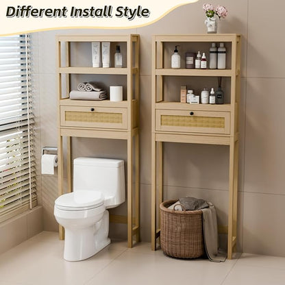 GORZING Over The Toilet Storage Cabinet, 3-Tier Behind Toilet Bathroom Organizer, Wooden Above Toilet Storage Shelf with Rattan Door, Space Saver for Restroom, Bathroom, Laundry