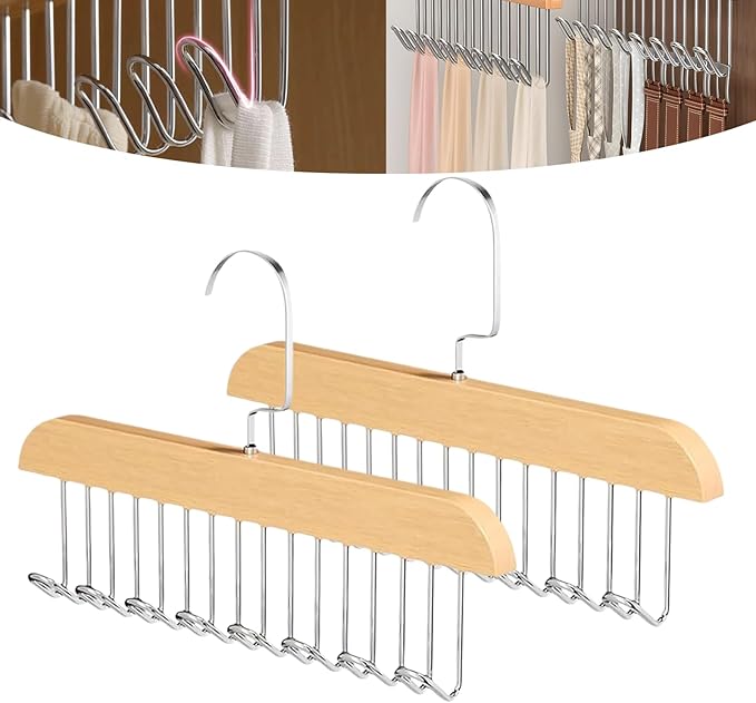 2 Pack Belt Hanger for Closet, Wooden Tie Racks Hanger with Upgraded 360°Rotating, Space-Saving Belt Holders with 8 Hooks, Closet Storage for Tie,Tank Top,Bra, Scarf,Hat