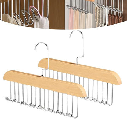 2 Pack Belt Hanger for Closet, Wooden Tie Racks Hanger with Upgraded 360°Rotating, Space-Saving Belt Holders with 8 Hooks, Closet Storage for Tie,Tank Top,Bra, Scarf,Hat
