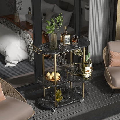 Black Bar Carts with 4-Tier Storage Shelves, Mobile Bar Serving Cart with Wine Rack and Glass Holder, for The Home, Kitchen, Living Room, Dining Room