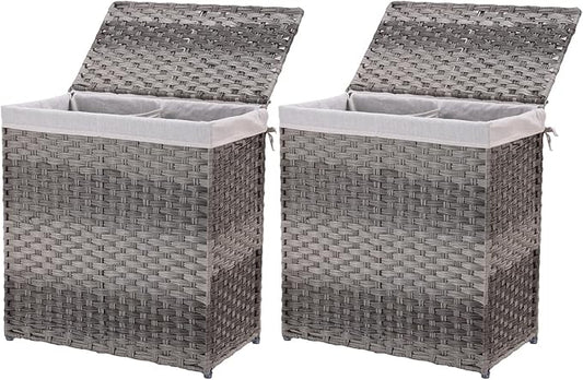 Mxfurhawa Slim Laundry Basket on Wheels, Heavy Duty Cotton Liner Laundry Storage Hamper with Handles, Collapsible Clothes Wire Basket Organizer Laundry Bag (2PCS-01A)