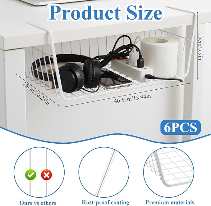 6 Pack Under Shelf Basket, Slide in Wire Hanging Storage Baskets, Slides Under Wire Shelves, Undershelf Hanging Storage Bin Basket for Kitchen, Pantry, Counter, Desk Bookshelf (Black)