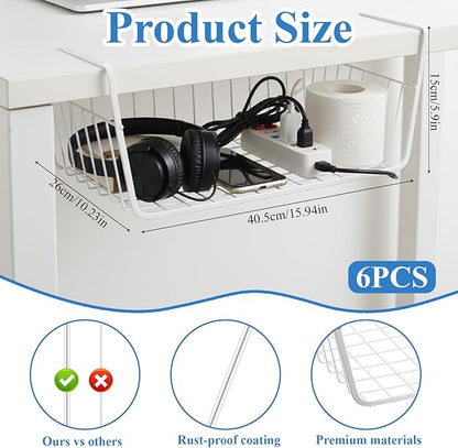 6 Pack Under Shelf Basket, Slide in Wire Hanging Storage Baskets, Slides Under Wire Shelves, Undershelf Hanging Storage Bin Basket for Kitchen, Pantry, Counter, Desk Bookshelf (Black)