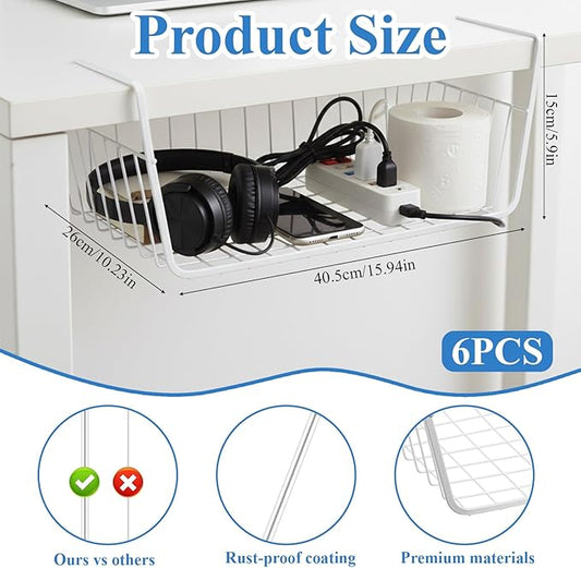 6 Pack Under Shelf Basket, Slide in Wire Hanging Storage Baskets, Slides Under Wire Shelves, Undershelf Hanging Storage Bin Basket for Kitchen, Pantry, Counter, Desk Bookshelf (Black)