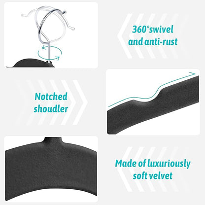 Sishynio Premium Velvet Hangers 30 Pack - Space-Saving Closet Organizer for Clothes, Non-Slip Flocked Design, Ideal for Shirts and Coats (Black)