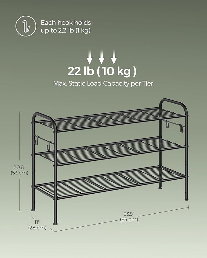 SONGMICS Shoe Rack, 3-Tier Shoe Organizer, Metal Shoe Shelf Storage with 4 Side Hooks, Holds 15 Pairs of Shoes, Height-Adjustable Shoe Rack for Entryway, Hallway, Closet, Ink Black ULMR138B01