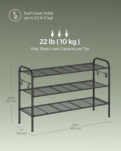 SONGMICS Shoe Rack, 3-Tier Shoe Organizer, Metal Shoe Shelf Storage with 4 Side Hooks, Holds 15 Pairs of Shoes, Height-Adjustable Shoe Rack for Entryway, Hallway, Closet, Ink Black ULMR138B01