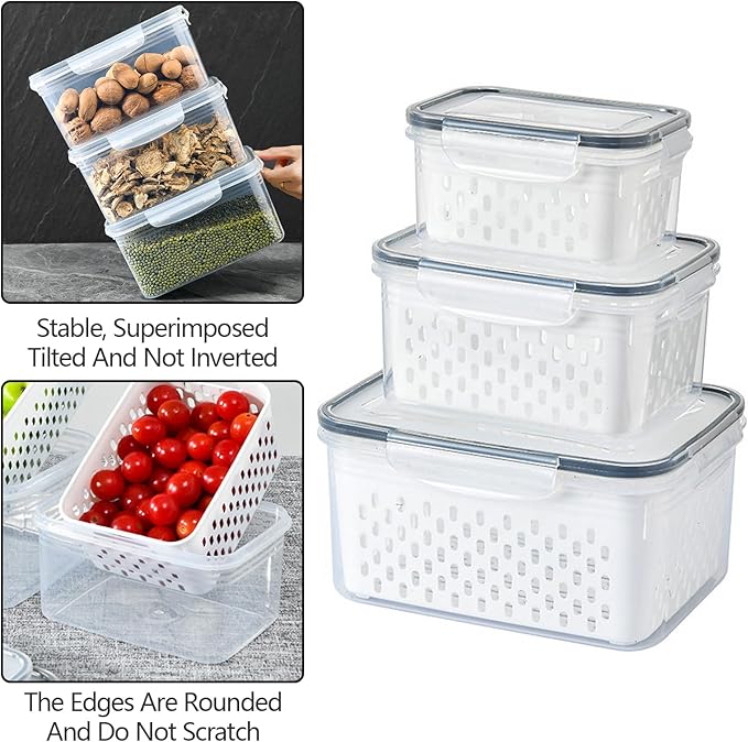 Lizbin 3 PCS Fruit Storage Containers for Fridge with Removable Colander, Leak proof Food Storage Containers, Airtight Food Storage Containers, Food Storage Container with Lids, Keep Food Meat Fresh