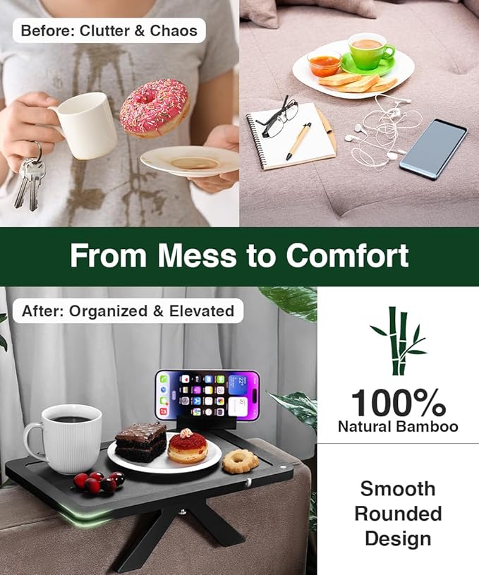 Black Bamboo Couch Armrest Table – Fits Sofa Arms up to 8.8" Wide, 2-in-1 Adjustable Couch Arm Tray with 360° Rotating Phone Holder, Wire Holder & Non-Slip Mat – Sofa Tray for Snacks & Drinks