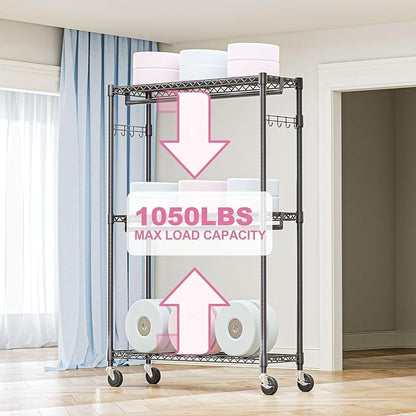 Heavy Duty Rolling Garment Rack 3 Tiers Adjustable Wire Shelving Clothes Rack with 2 Rods and Side Hooks,Storage Closet Clothing Rack with Wheels Black 15.7" D x 45.3" W x 79.6" H