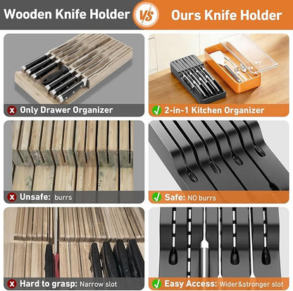 MAD SHARK 2-in-1 Detachable Knife Block & Silverware Organizer, Drawer Knife Holder for 7 Knives, BPA-Free, Blade-Safe Slots, Save Counter Space, Kitchen Drawer or Counter Storage, No Knives