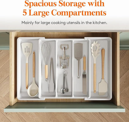 Lifewit Utensil Organizer for Kitchen Drawers, Expandable Cooking Utensil Tray, Adjustable Cutlery Silverware Flatware Holder, Plastic Spatula Tools and Gadgets Storage Divider, White, 13"-22" x 15"