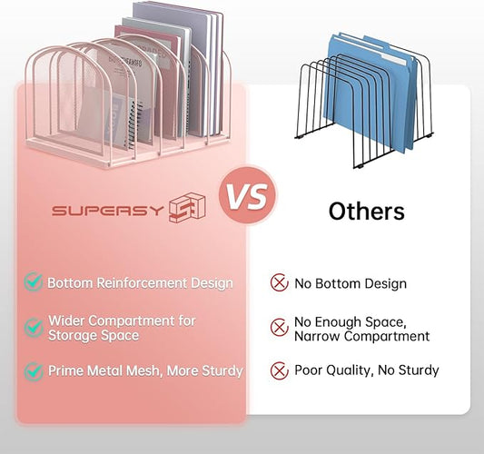 SUPEASY File Organizer for Desk, 5-Section Mesh Desk Organizer, Vertical File Holder Desktop Organizer File Sorter, File Folder Holder for Office Supplies, Pink