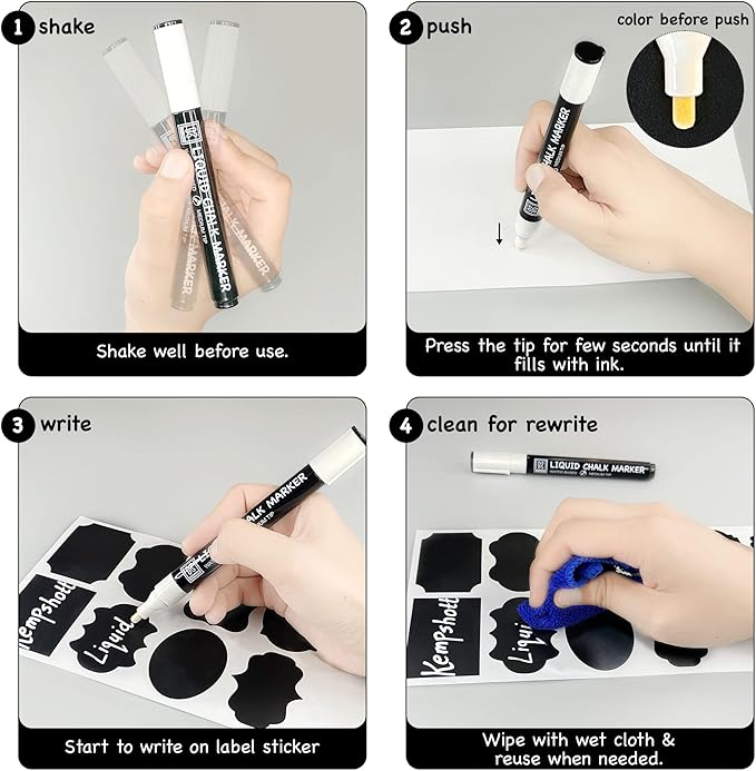 Chalkboard Labels for Jars 98pcs - Waterproof Reusable Chalk Sticker Labels for Containers Storage Jars - 12 Unique Shapes & 3 Sizes Includes Erasable Liquid Chalk Marker & Mini Towel (Pack of 98)